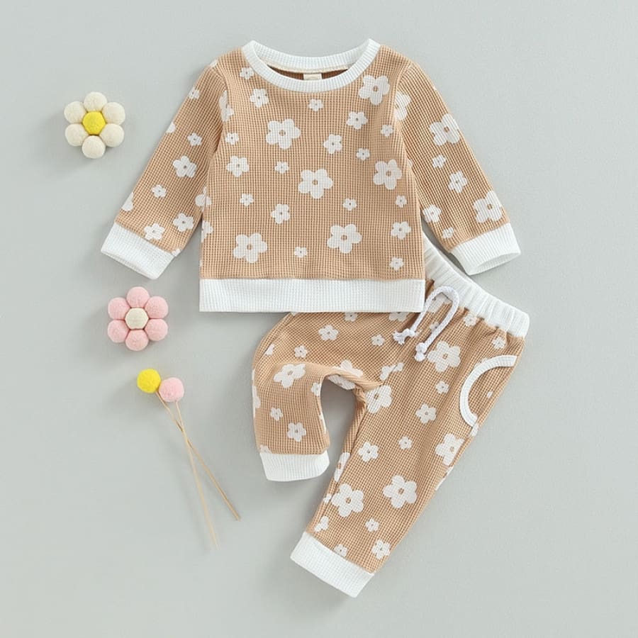 Abigail Floral Print Waffle Tracksuit - Coffee