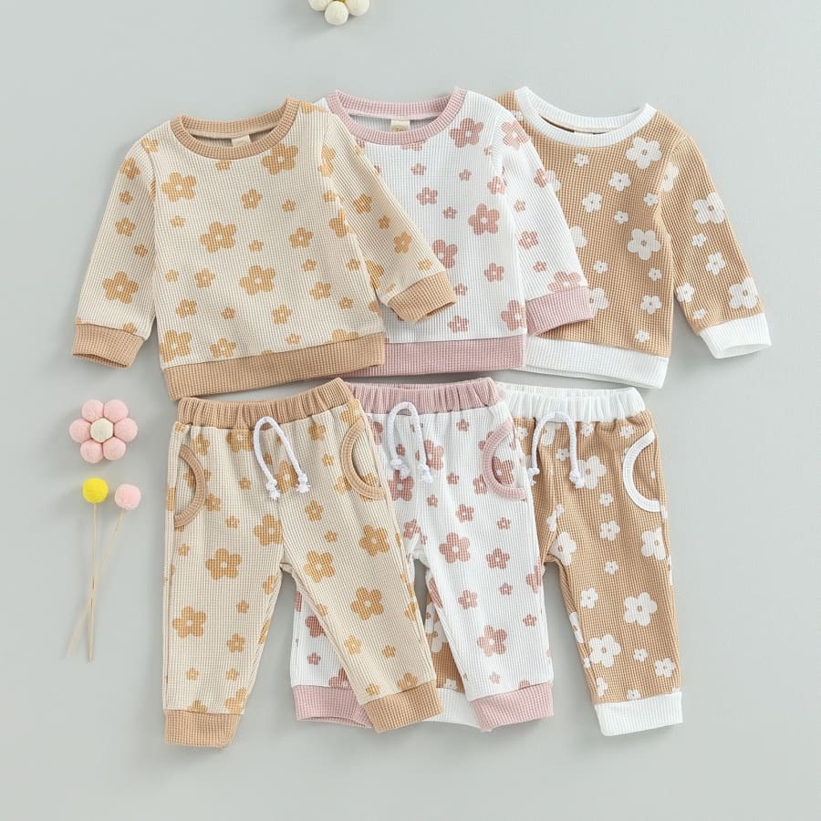 Abigail Floral Print Waffle Tracksuit - Coffee - 18-24 Months