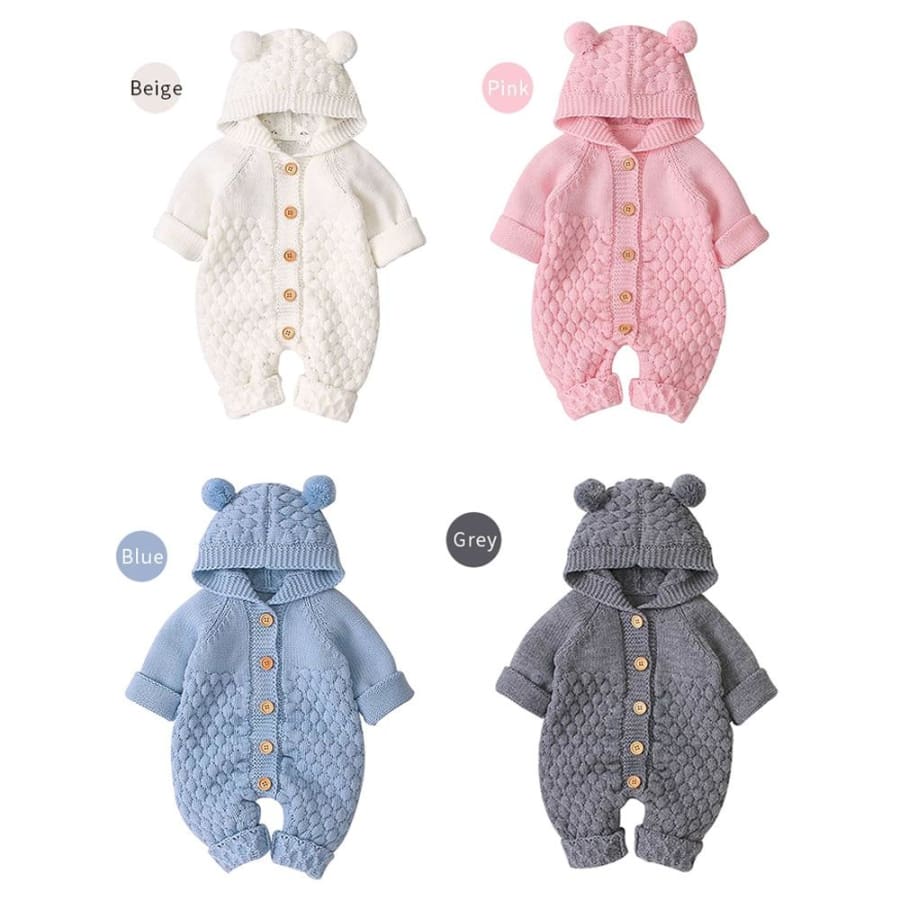 Baby Bear Hooded Knit Jumpsuit - Jumpsuit