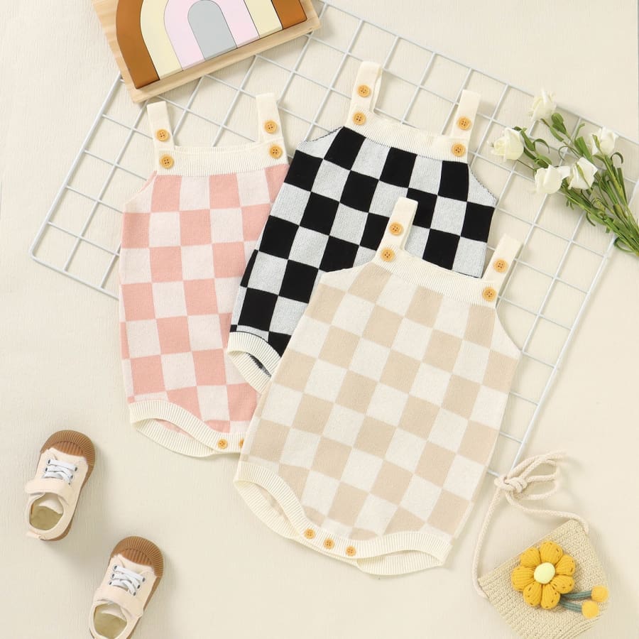 Charli Checkerboard Print Knit Romper - Pink - 0-3 Months