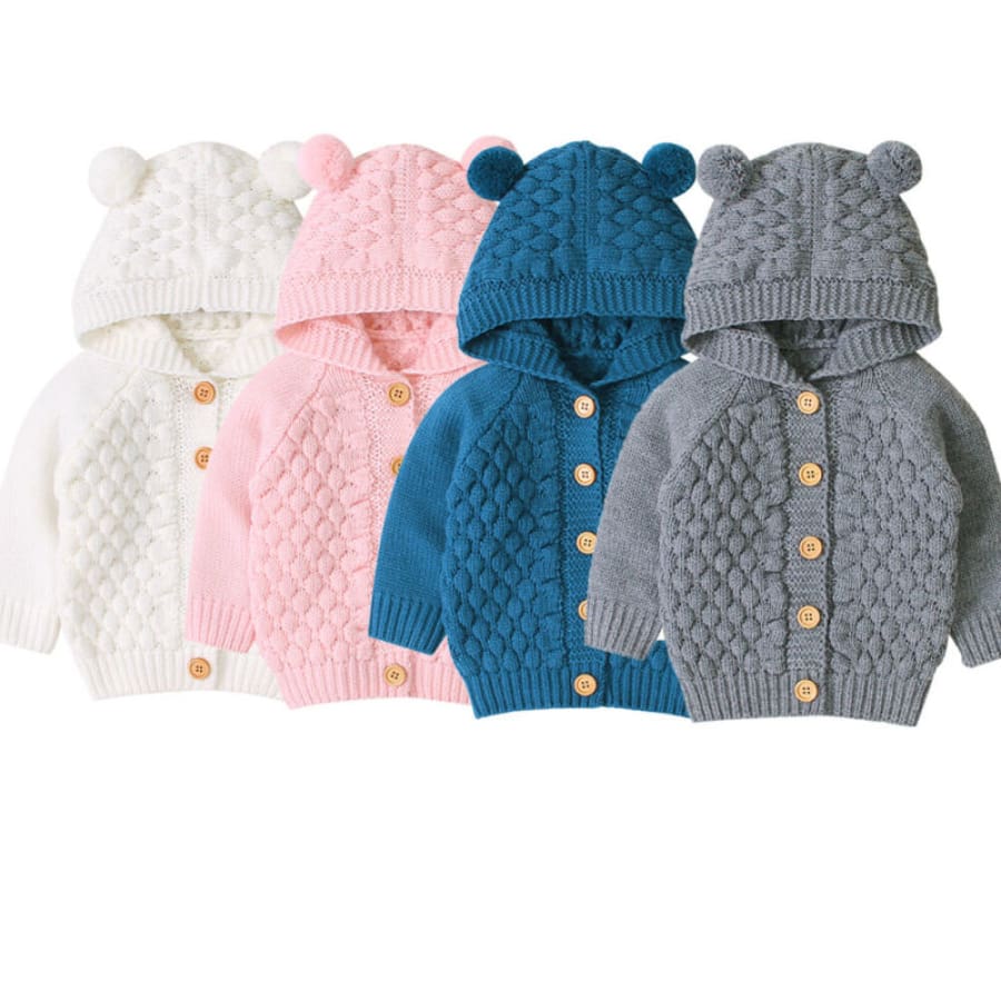 Baby Bear Ear Button Up Hoodie - Blue