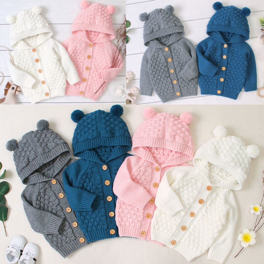 Baby Bear Ear Button Up Hoodie - Blue