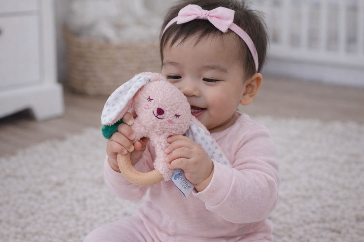 Koala Dream Snuggle Bunny Berry Bunny Wooden Ring Rattle