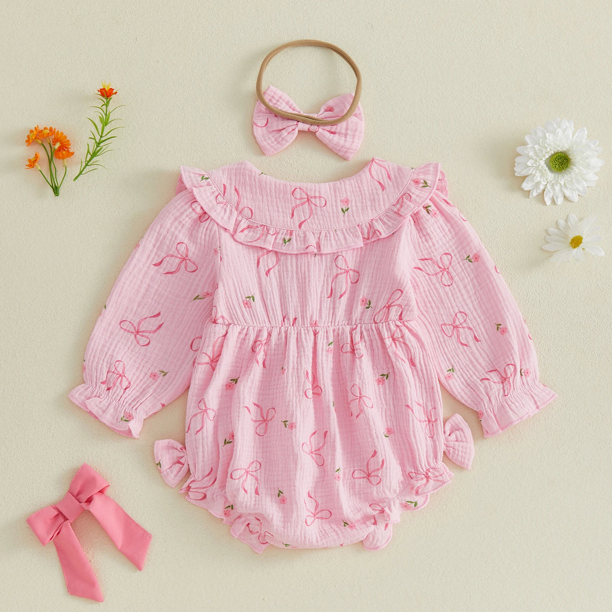 Autumn 'Blossom" Print Collar Long Sleeve Bodysuit Set - Snow