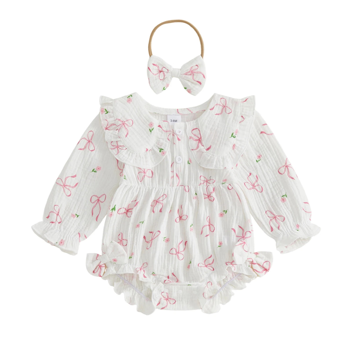 Autumn 'Blossom" Print Collar Long Sleeve Bodysuit Set - Natural