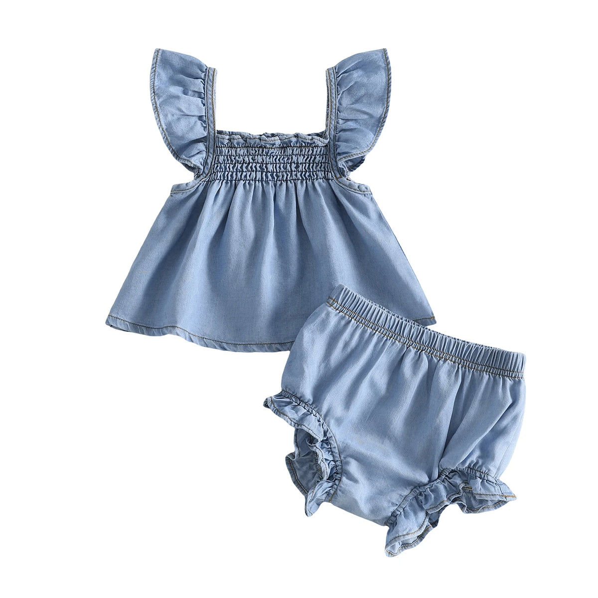 Denim baby outfit with top and bloomers on a white background