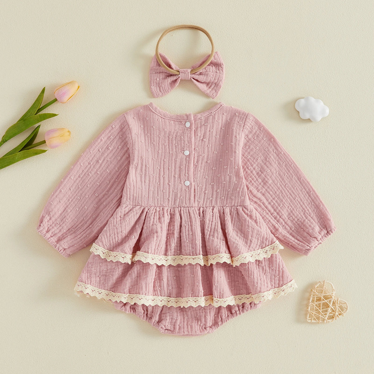 Nina Long Sleeve Flutter & Lace Romper - Earth