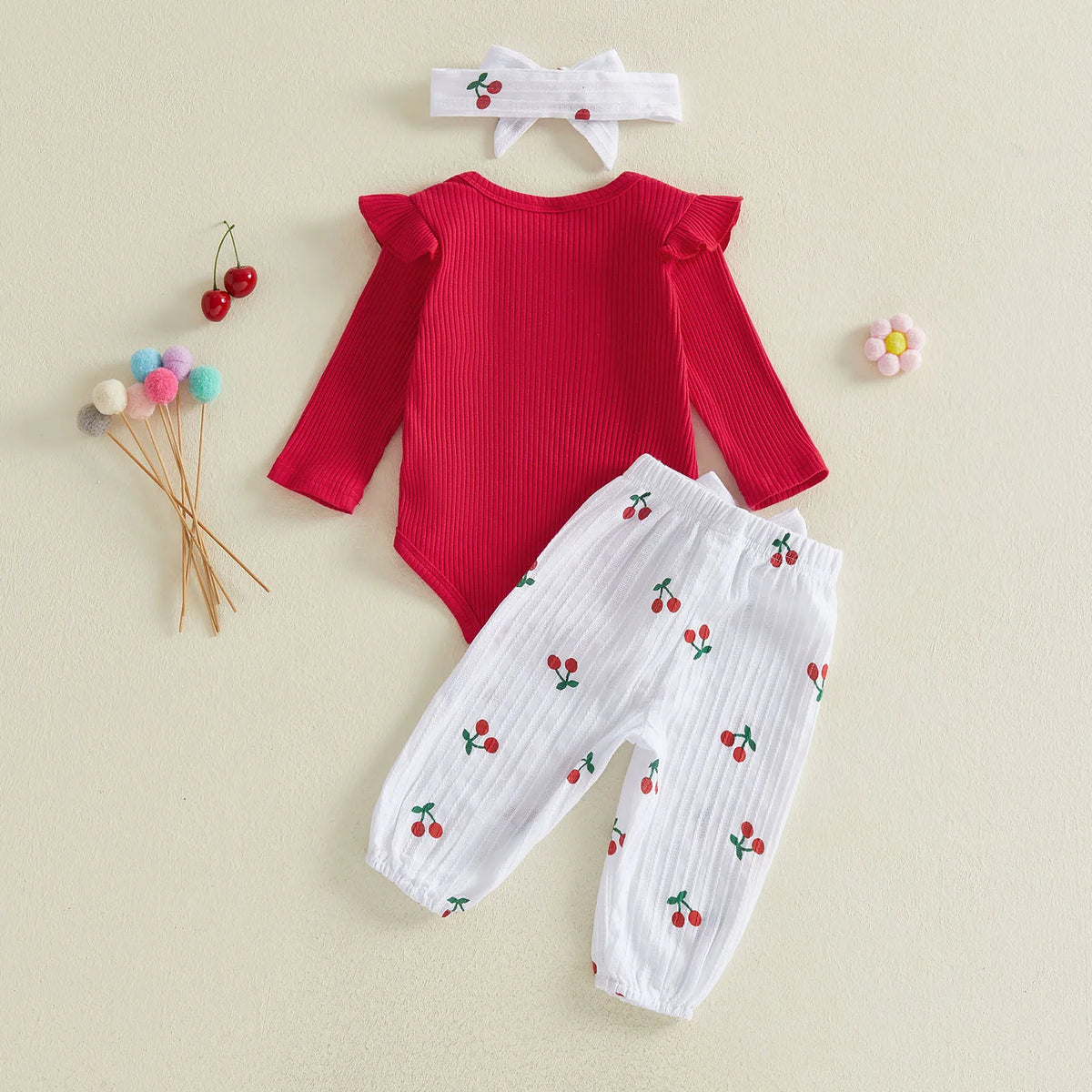 Sweet Cherry Ribbed Outfit Set - Pink