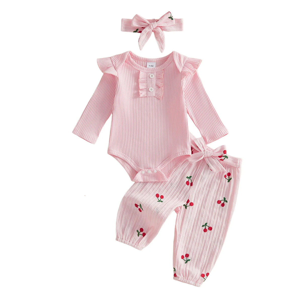 Sweet Cherry Ribbed Outfit Set - Pink