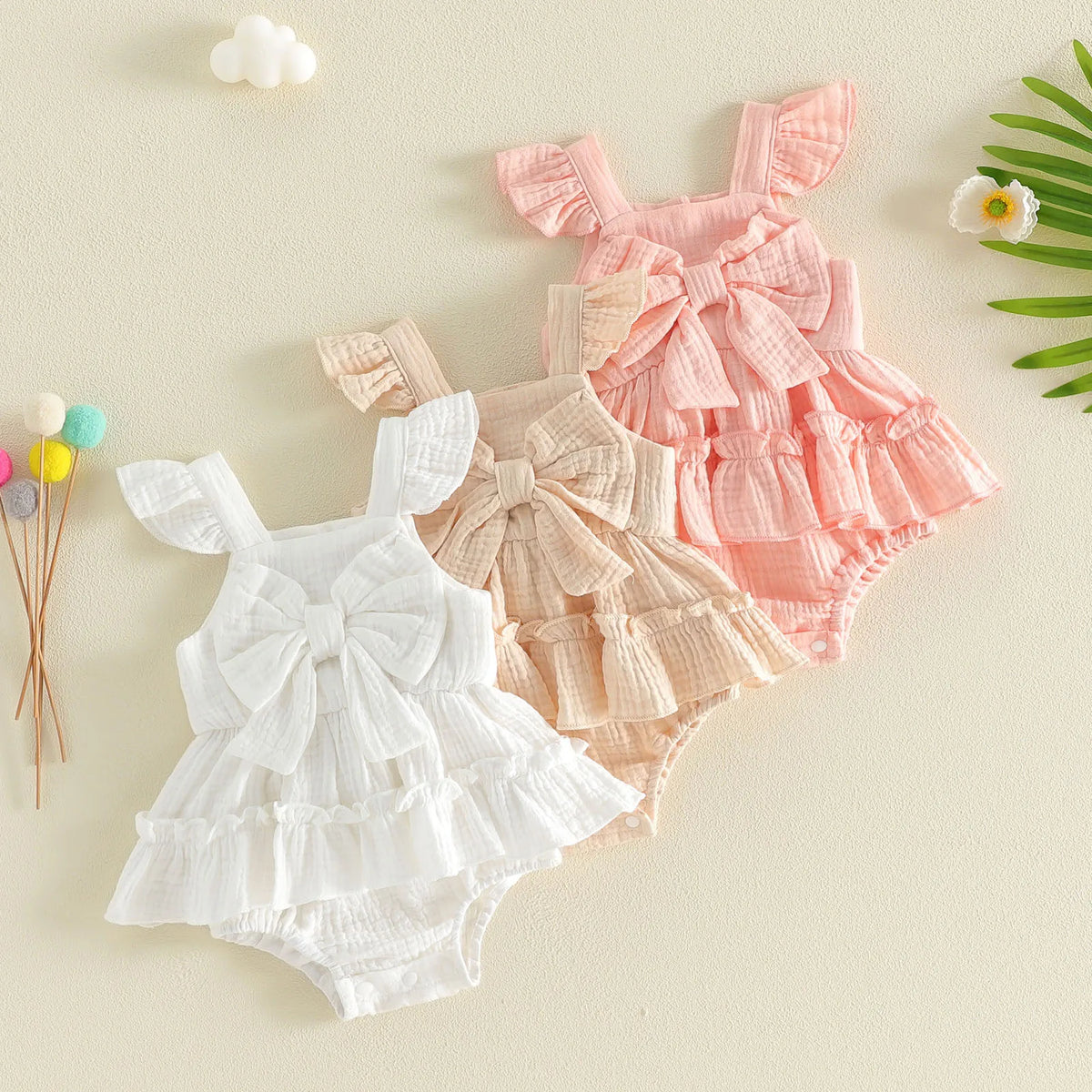 Nevah Bow & Flutter Romper - Peach