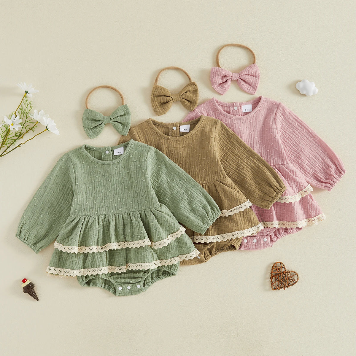 Nina Long Sleeve Flutter & Lace Romper - Earth