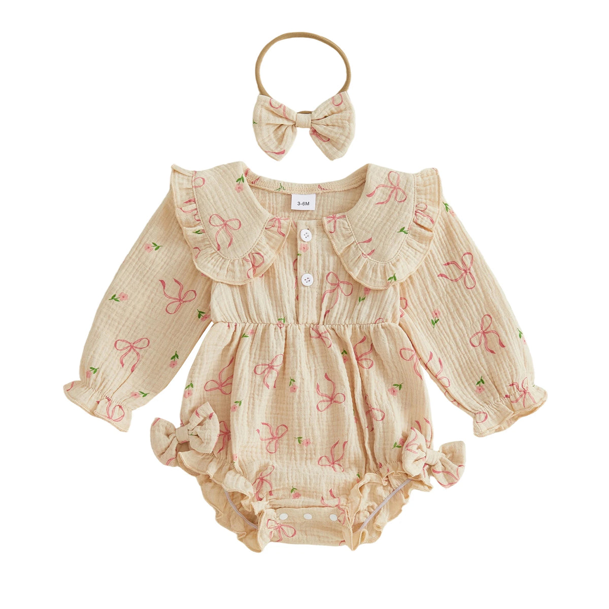 Autumn 'Blossom" Print Collar Long Sleeve Bodysuit Set - Natural