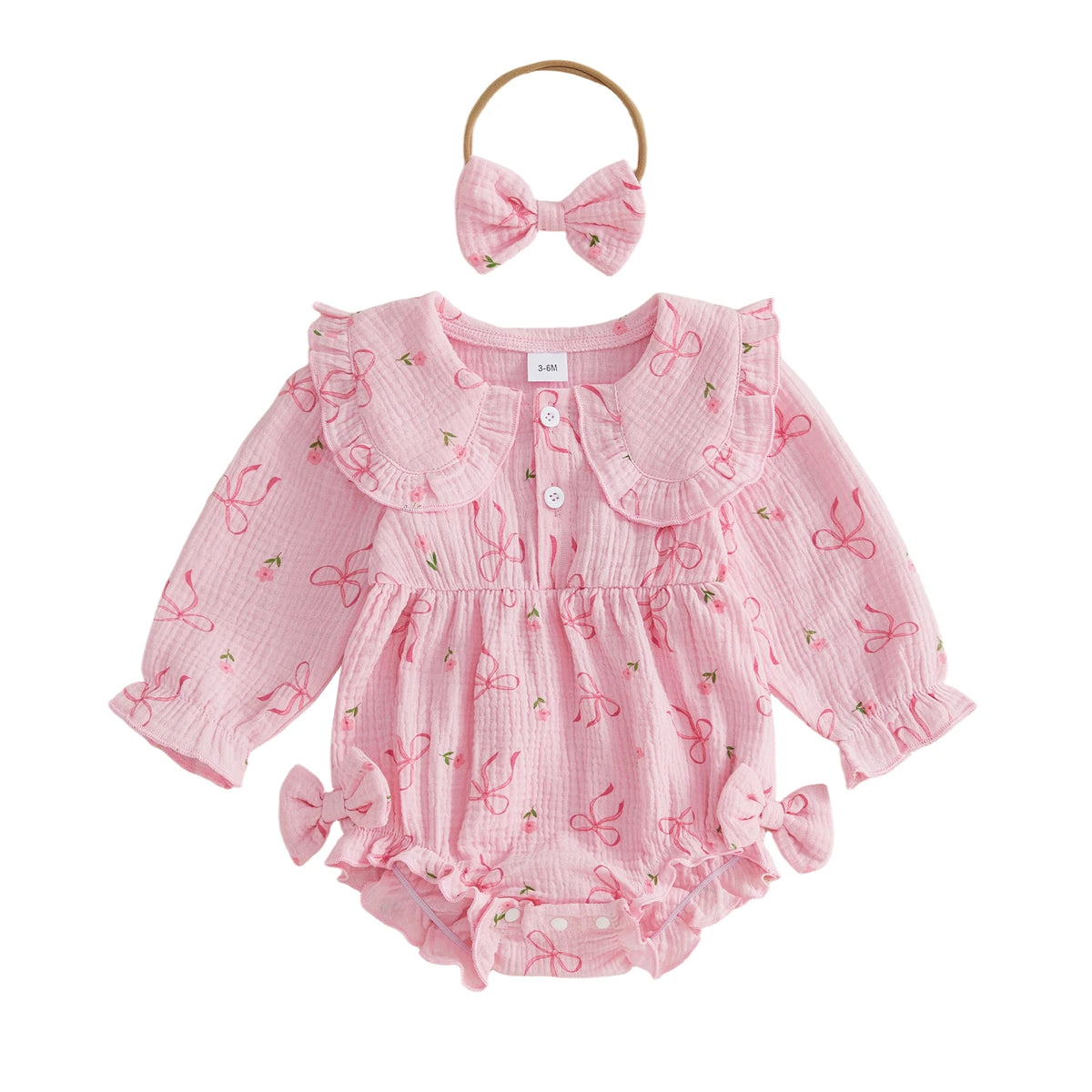 Autumn 'Blossom" Print Collar Long Sleeve Bodysuit Set - Natural