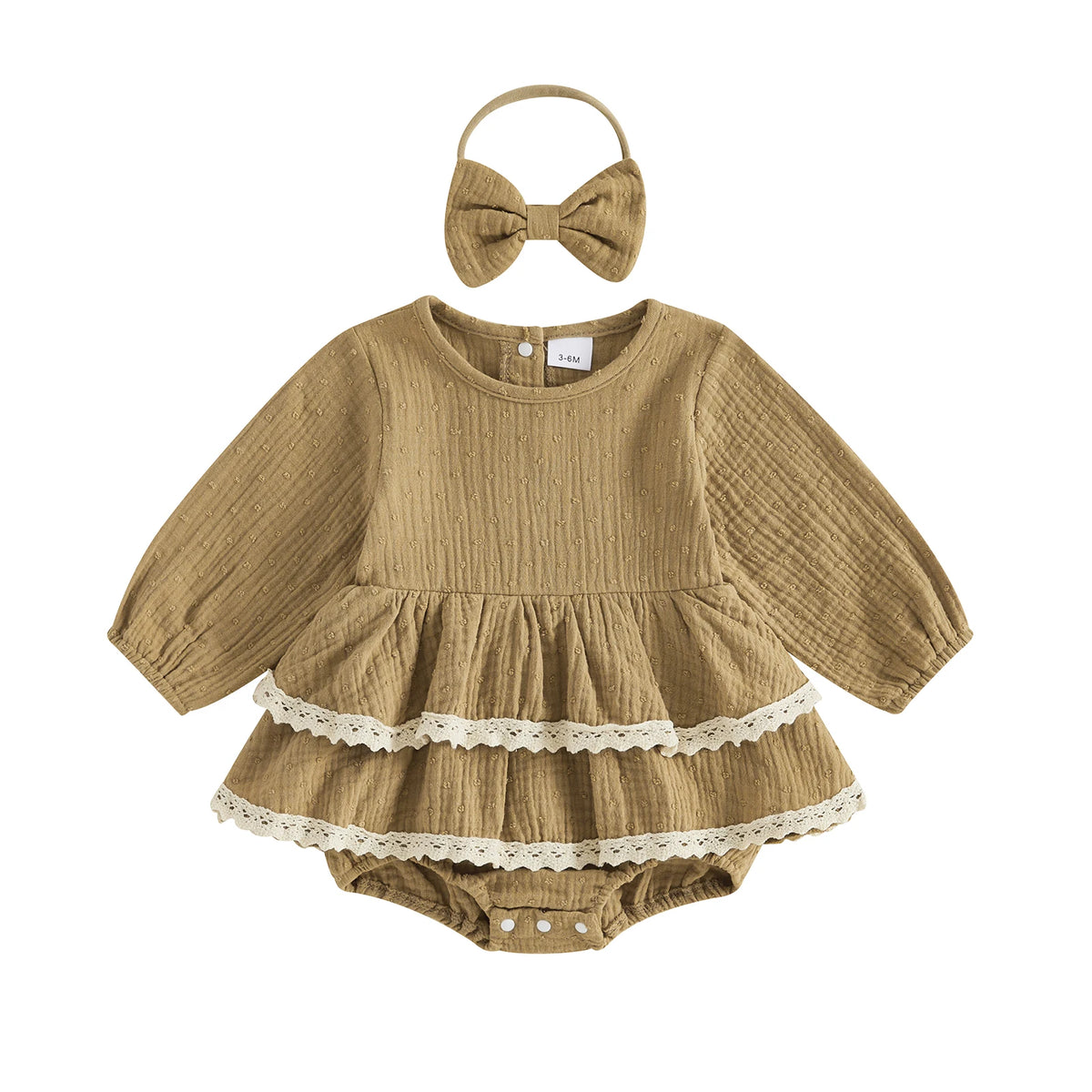 Nina Long Sleeve Flutter & Lace Romper - Earth
