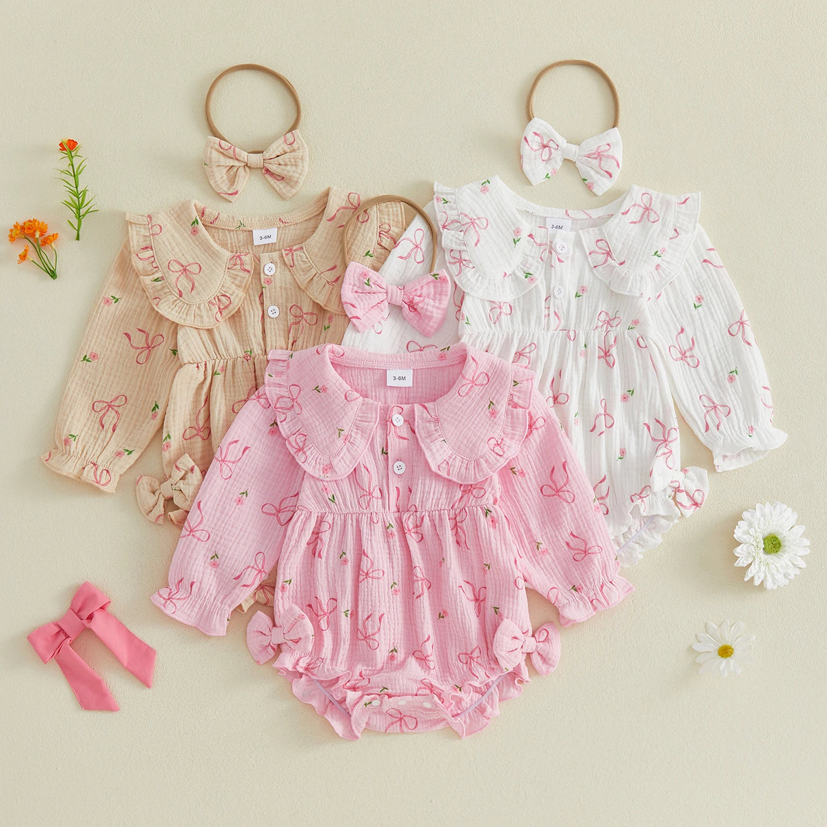 Autumn 'Blossom" Print Collar Long Sleeve Bodysuit Set - Pink