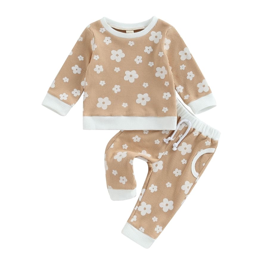 Abigail Floral Print Waffle Tracksuit - Coffee - 18-24 Months