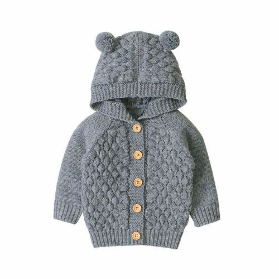 Baby Bear Ear Button Up Hoodie Grey