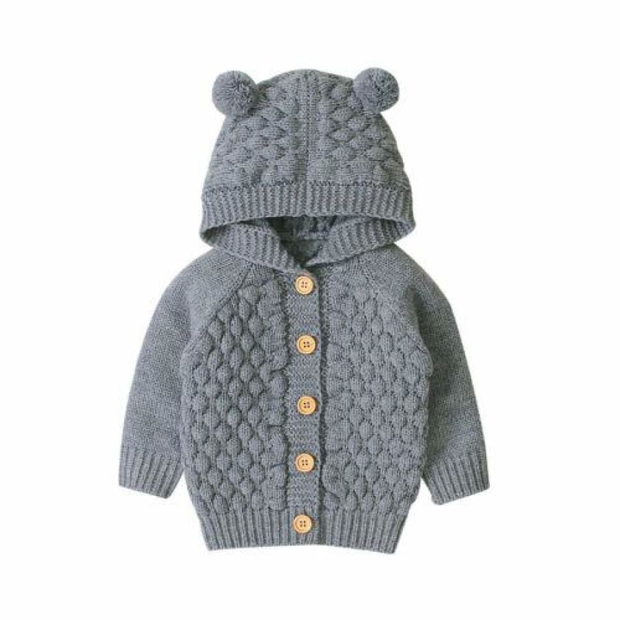 Baby Bear Ear Button Up Hoodie - Gray / 3-6 Months - Jacket jacket, knit