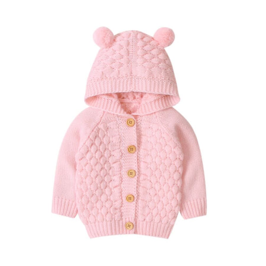 Baby Bear Ear Button Up Hoodie - Pink - 6 Months