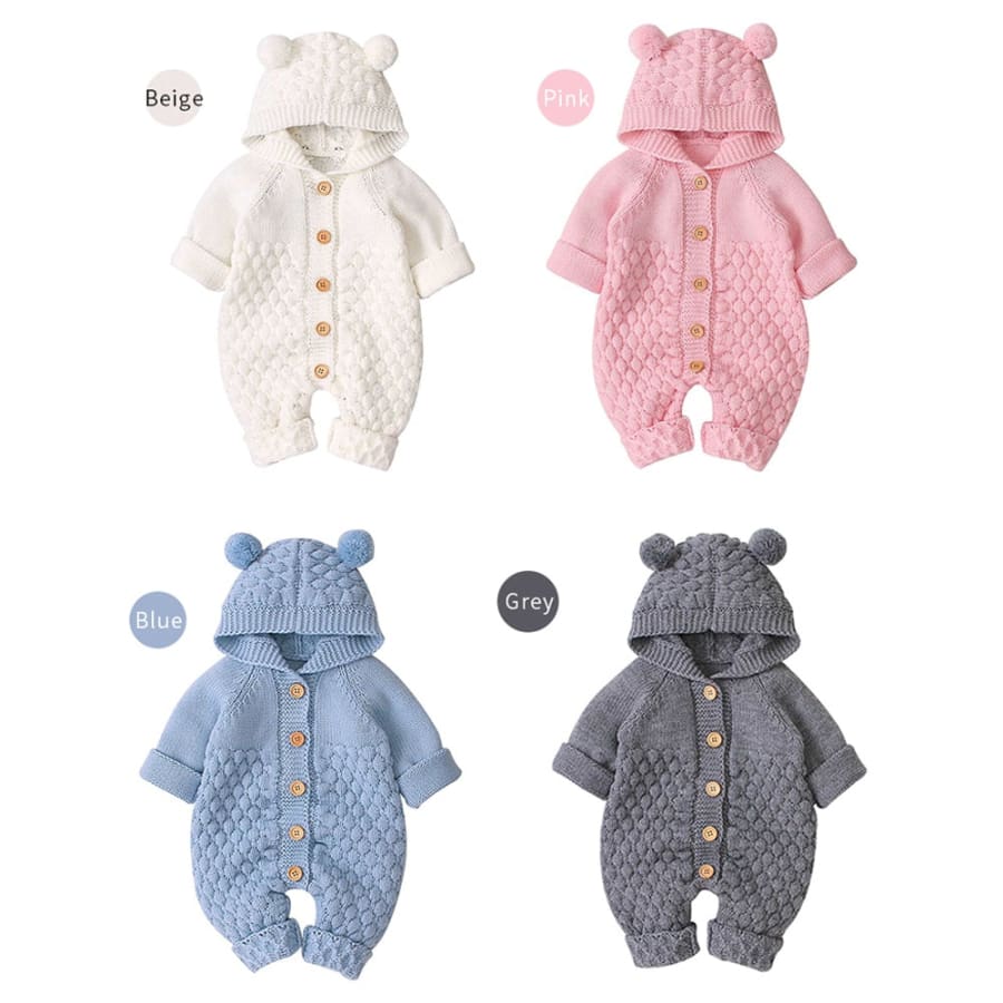 Baby Bear Hooded Knit Jumpsuit - Blue