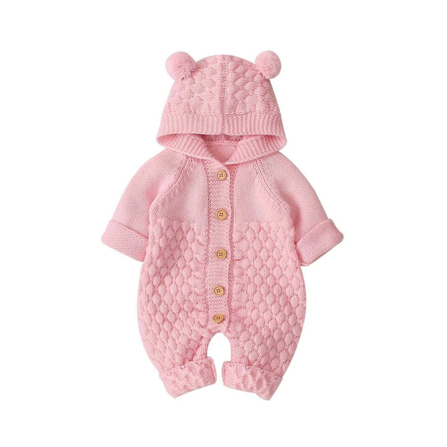 Baby Bear Hooded Knit Jumpsuit - Pink - 3-6 Months