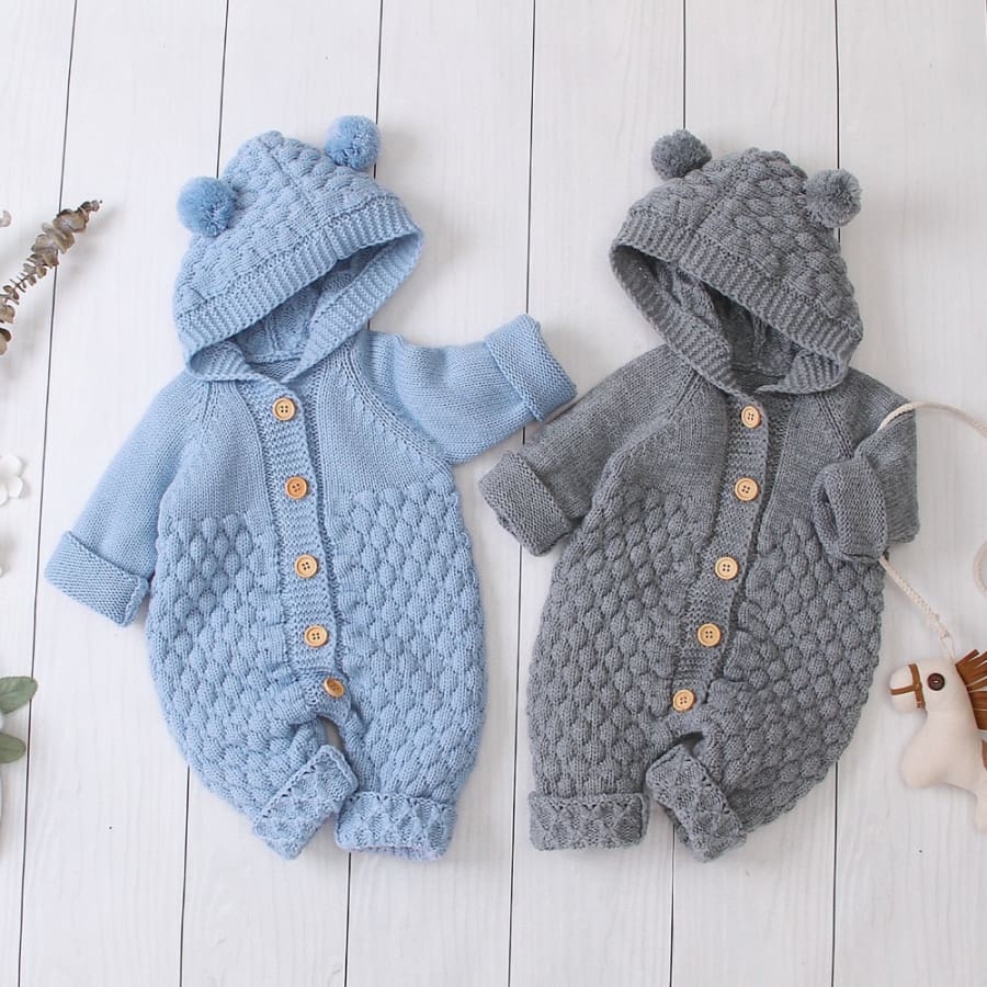 Baby Bear Hooded Knit Jumpsuit - Pink