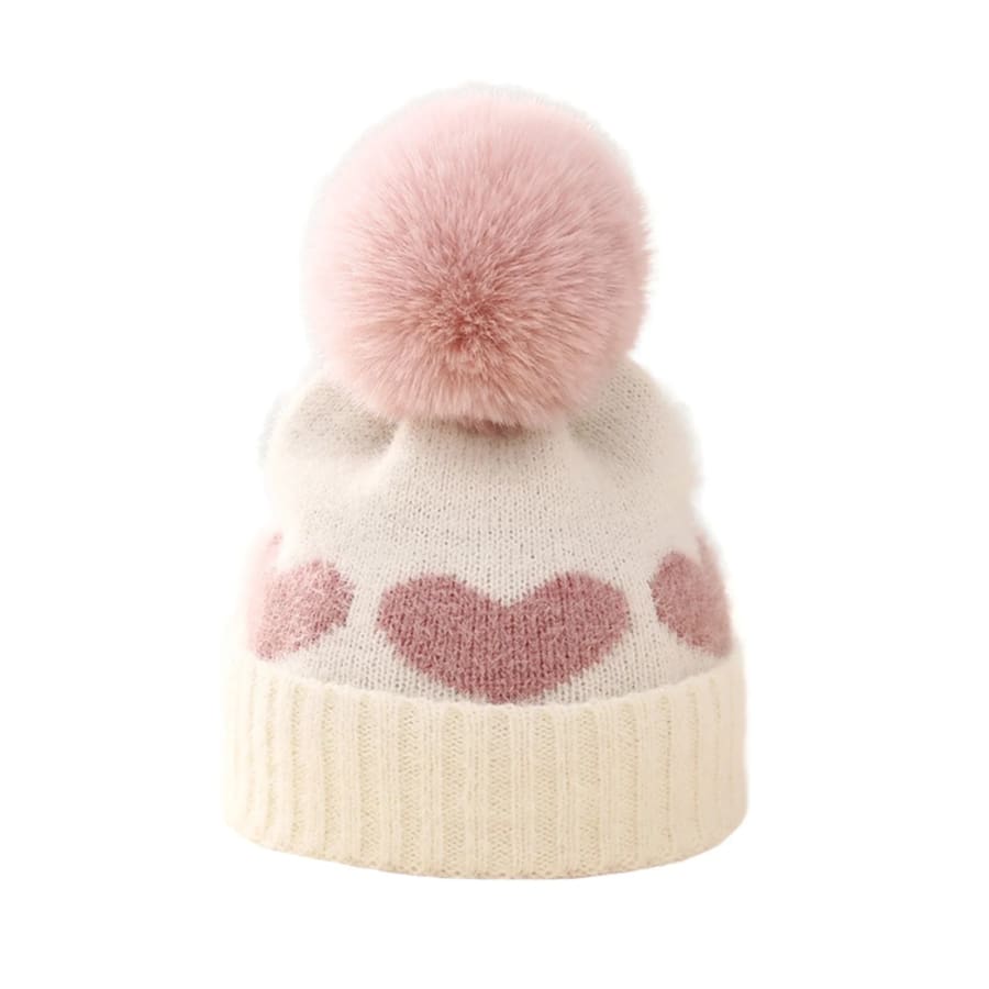 Bella Heart & Pom Pom Beanie - Cream