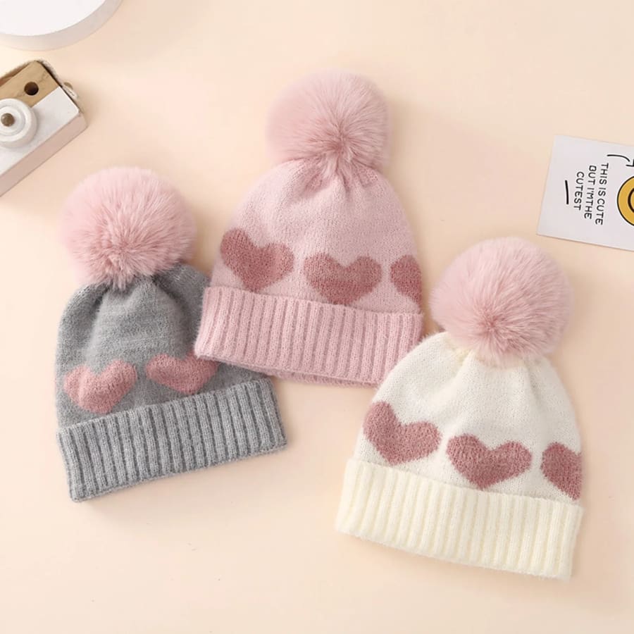 Bella Heart & Pom Pom Beanie - Grey