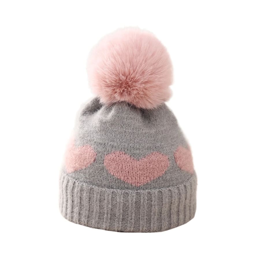 Bella Heart & Pom Pom Beanie - Grey