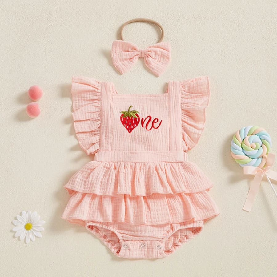 Birthday ’One’ Strawberry Ruffle Romper