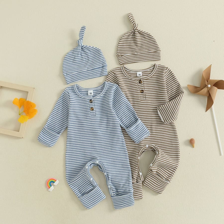 Bruce Stripe Jumpsuit with Beanie - Blue - Newborn