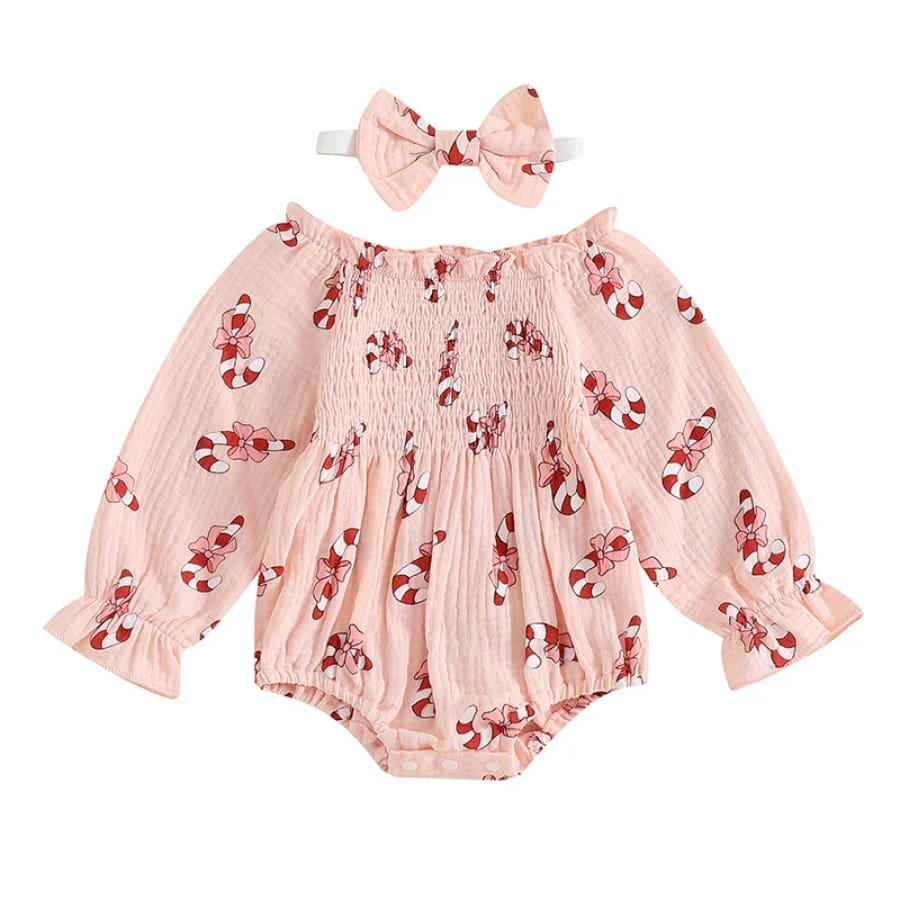 Candy Cane Bow Christmas Romper - 0-3 Months