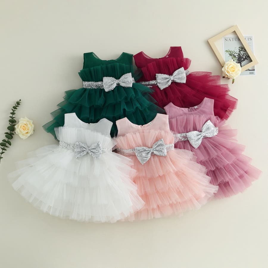 Christina Sparkle Bow &amp; Tulle Frill Dress - Berry