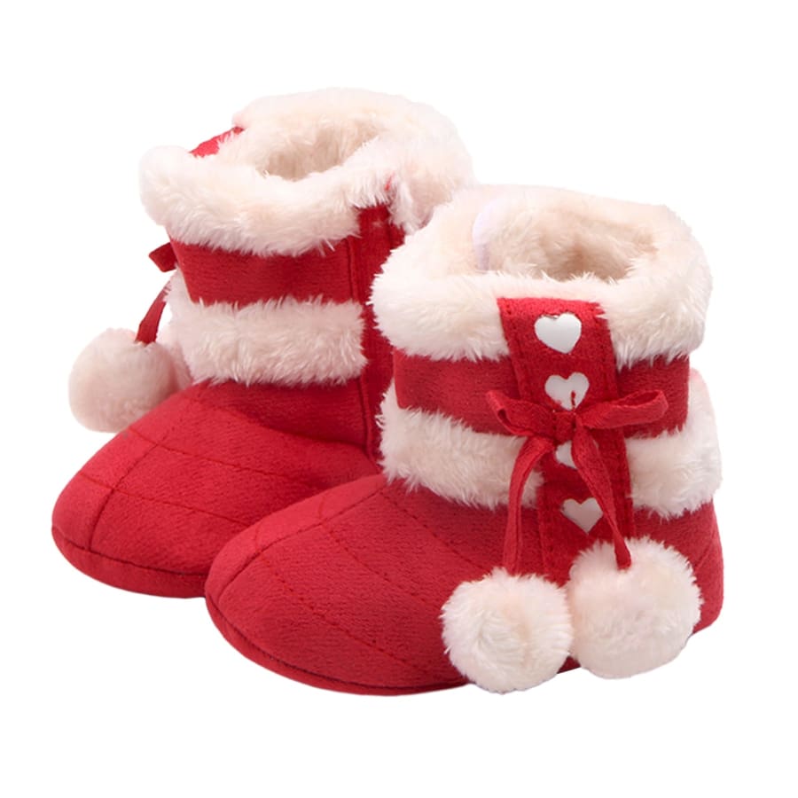 Cuddly Heart Pom Pom Booties - Red - 0-6 Months