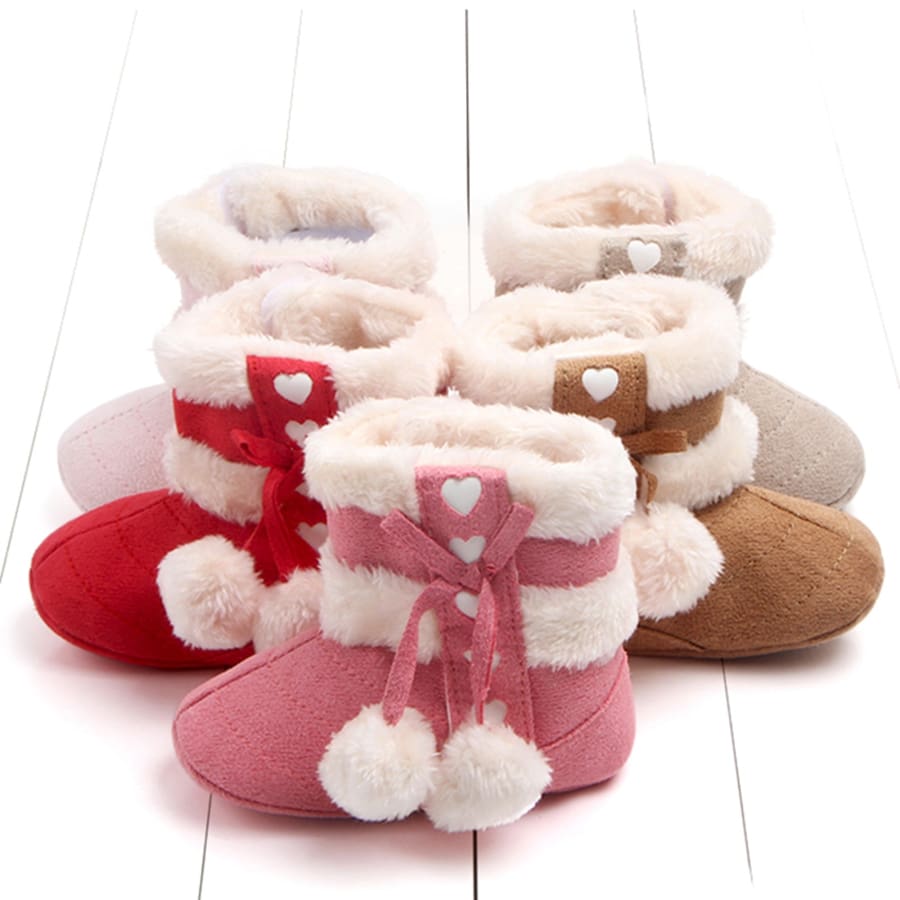 Cuddly Heart Pom Pom Booties - Red - 0-6 Months