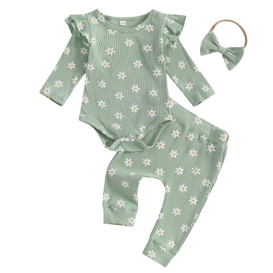 Dainty Daisy Waffle Trackie Set - Green - 0-3 Months