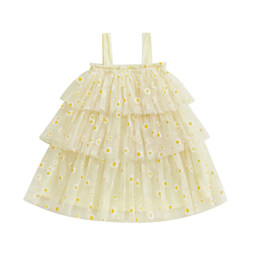Dimity Daisy Tulle Layered Dress - Lemon - 6-12 Months