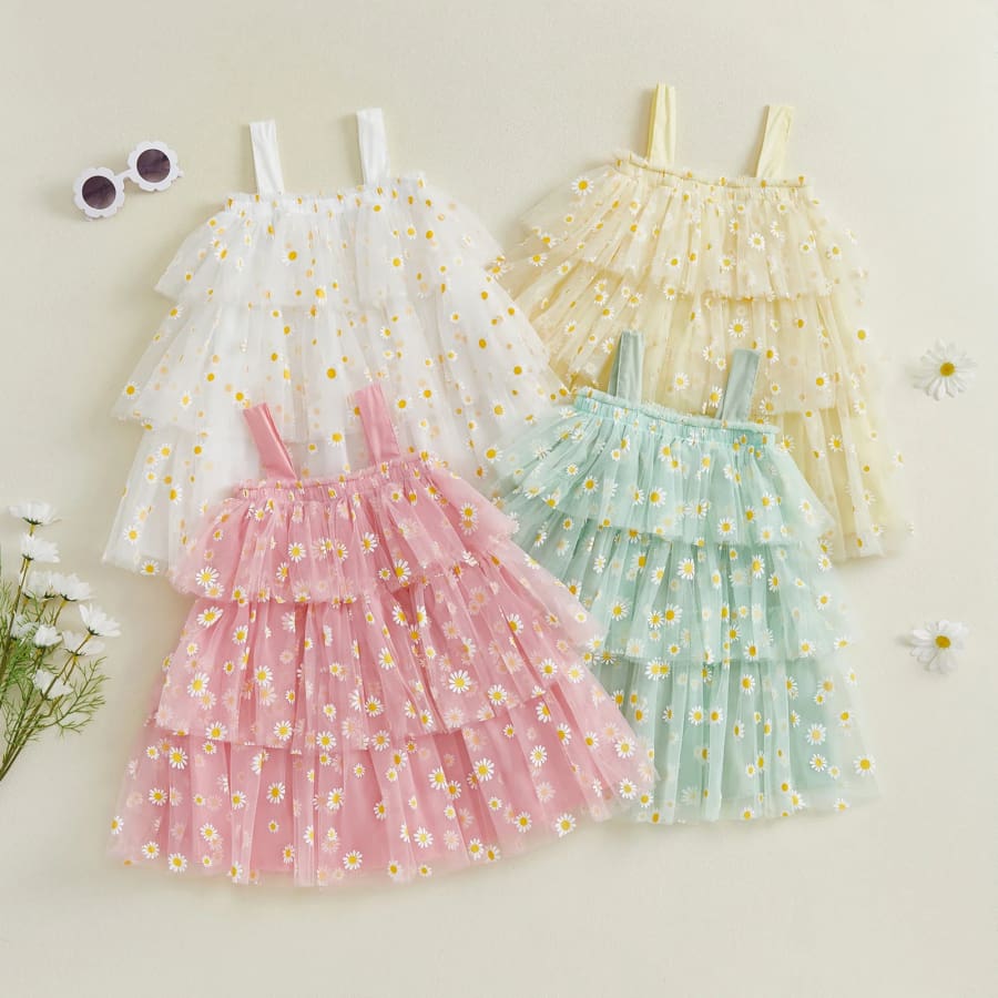 Dimity Daisy Tulle Layered Dress - Lemon - 6-12 Months