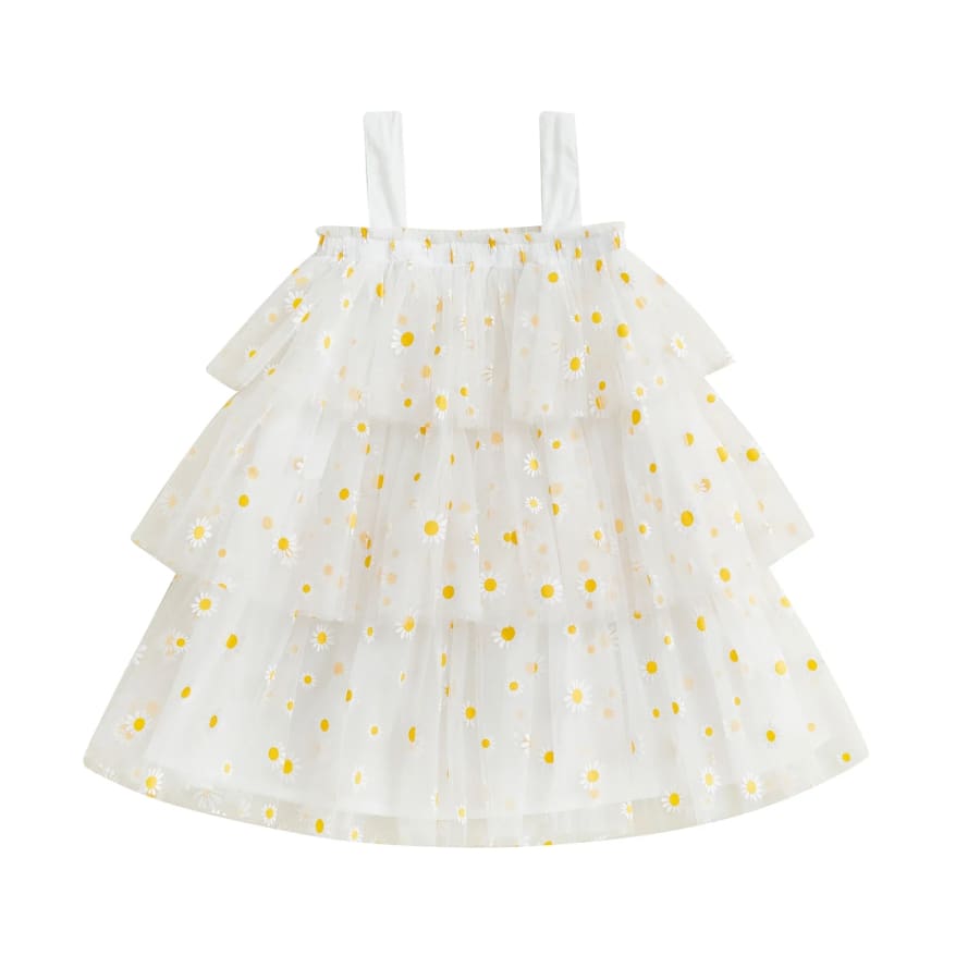 Dimity Daisy Tulle Layered Dress - Snow - 6-12 Months