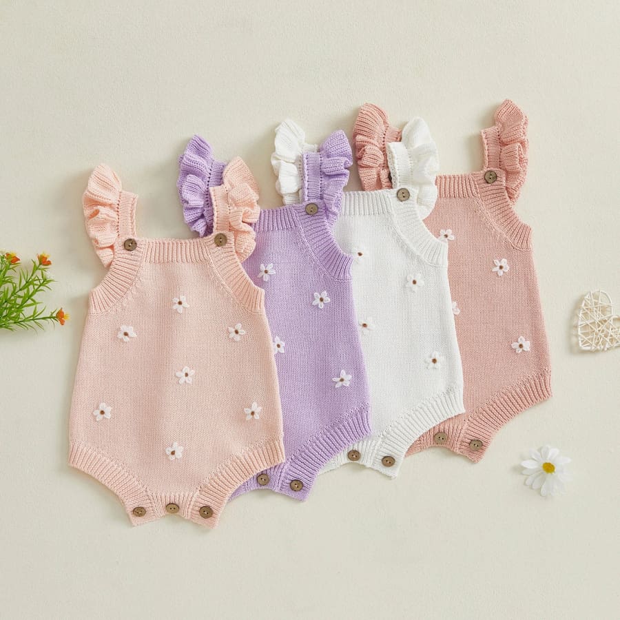 Ella Floral Knit Romper - Snow - 0-3 Months