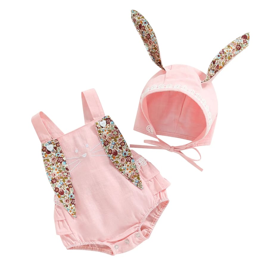 Flopsy Ear Bunny Romper with Bonnet - Pink - 0-3 Months