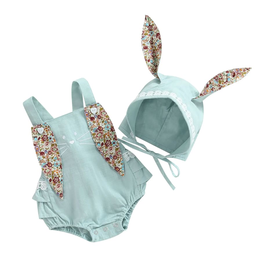 Flopsy Ear Bunny Romper with Bonnet - Seafoam - 0-3 Months