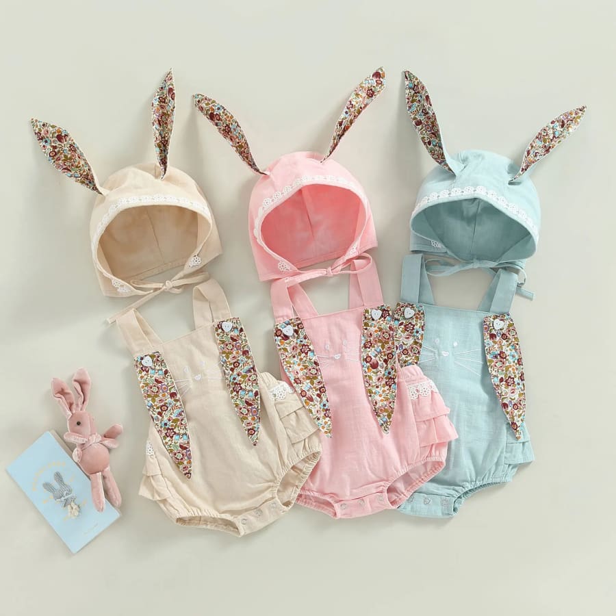 Flopsy Ear Bunny Romper with Bonnet - Seafoam