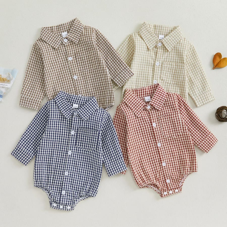 George Gingham Check Collared Onesie - Natural