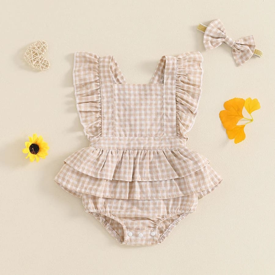 Georgia Gingham Flutter Romper - Caramel