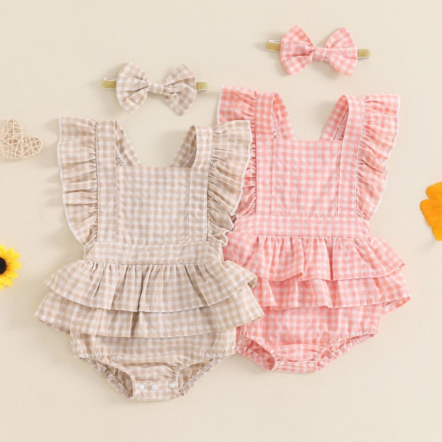 Georgia Gingham Flutter Romper - Caramel