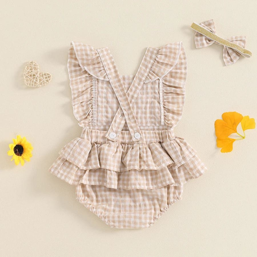 Georgia Gingham Flutter Romper - Caramel