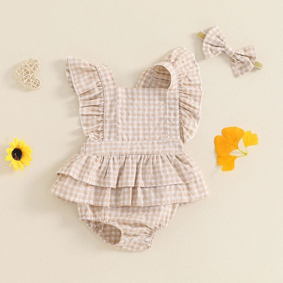 Georgia Gingham Flutter Romper - Caramel