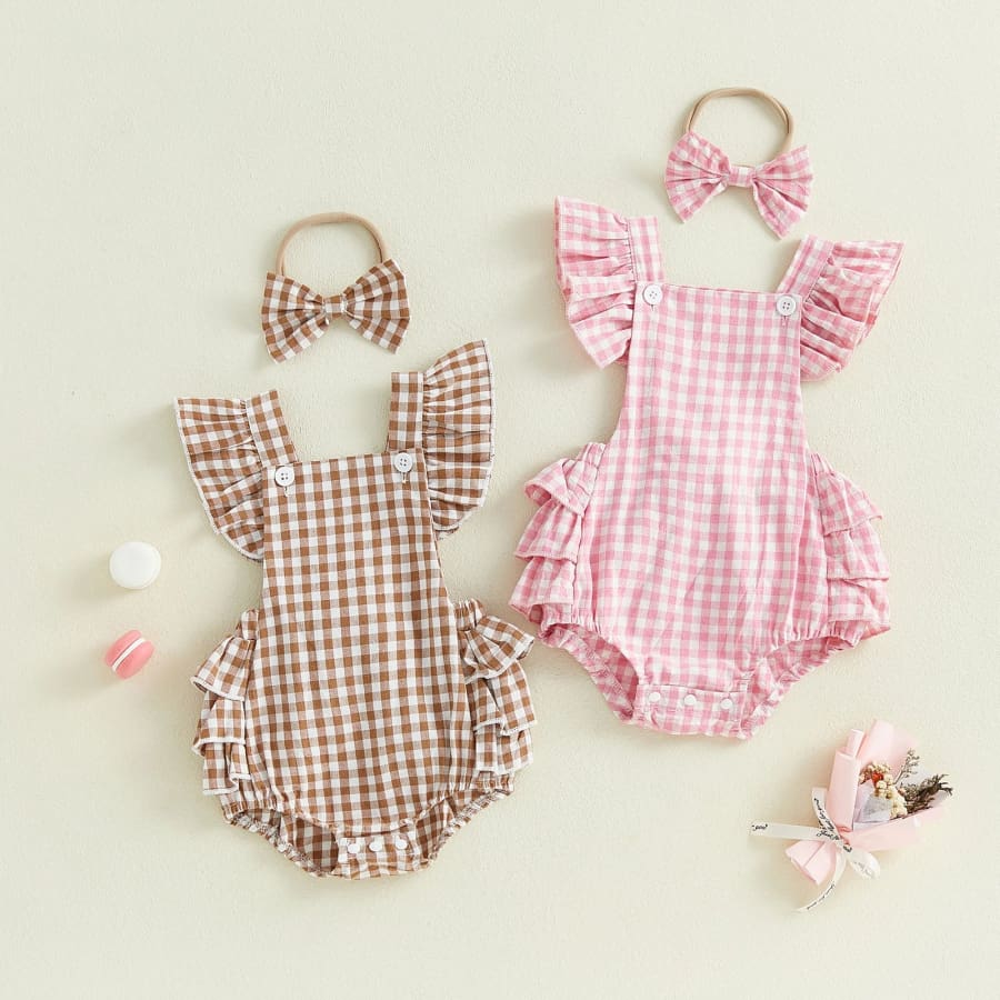 Georgia Gingham Romper - Chocolate - 0-3 Months