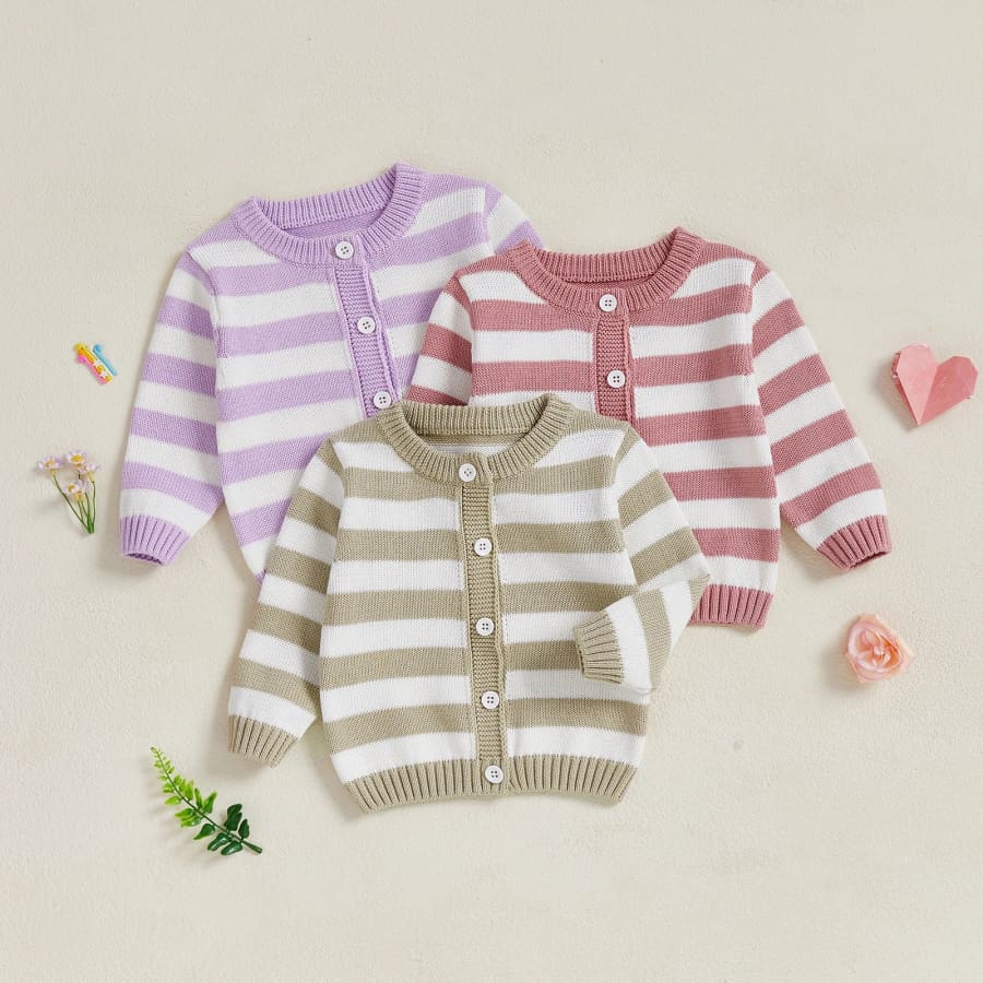Hallie Stripe Knit Button Up Cardigan - Natural - 6-12 Months